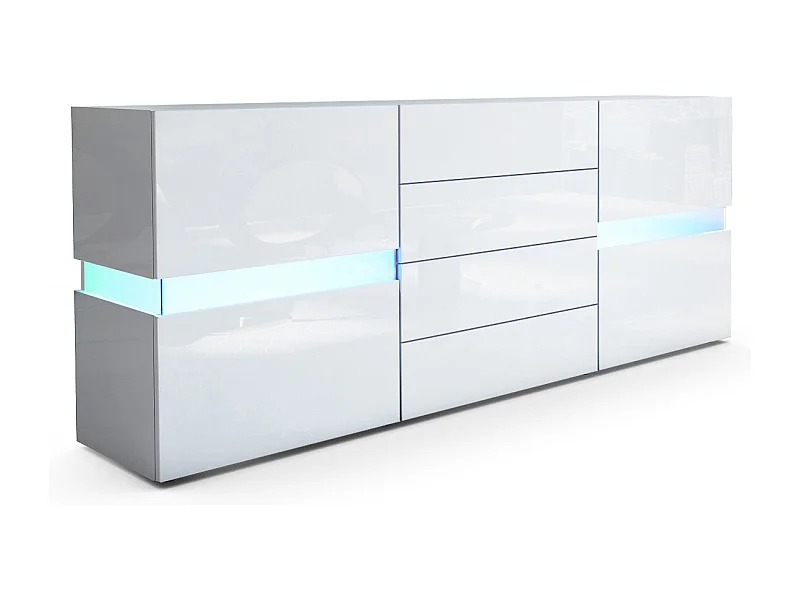 Sideboard Flow, Blanc brillant/Blanc brillant y compris LED - Commode moderne avec vitrage Ambient Light pour votre espace de vie (177 x 75 x 39 cm)