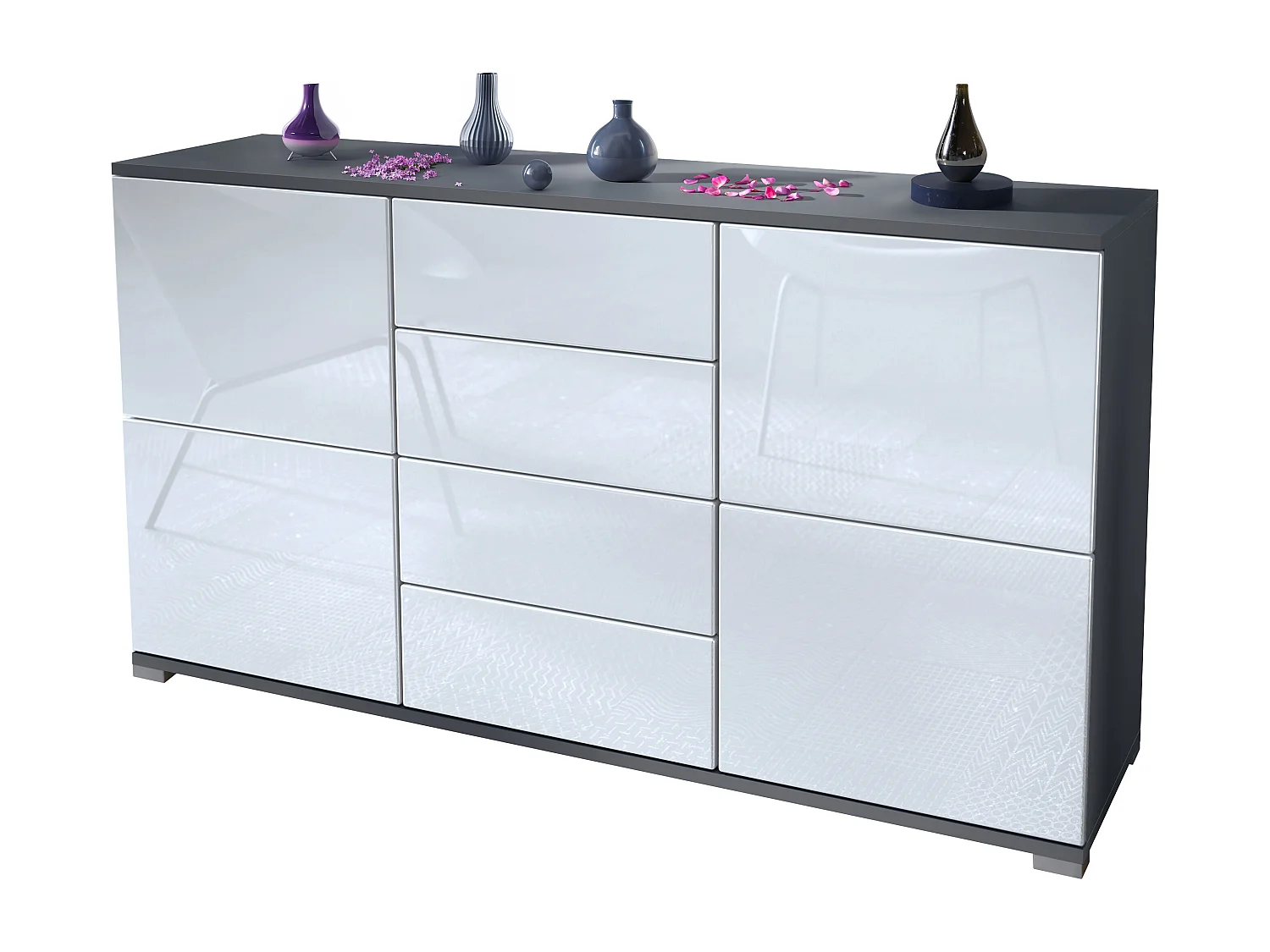 Buffet Rova V1 – Meuble avec 4 Portes et 4 Tiroirs, anthracite mat/blanc haute brillance (138,5 x 75,5 x 35)