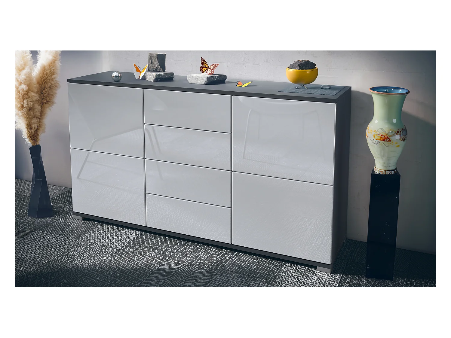 Buffet Rova V1 – Meuble avec 4 Portes et 4 Tiroirs, anthracite mat/blanc haute brillance (138,5 x 75,5 x 35)