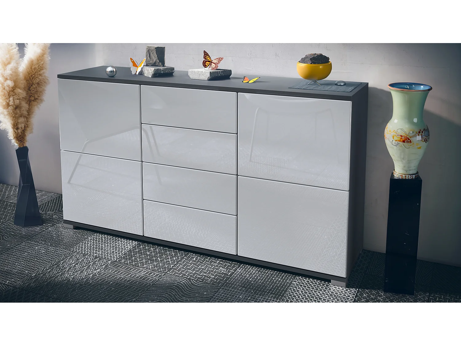 Buffet Rova V1 – Meuble avec 4 Portes et 4 Tiroirs, anthracite mat/blanc haute brillance (138,5 x 75,5 x 35)