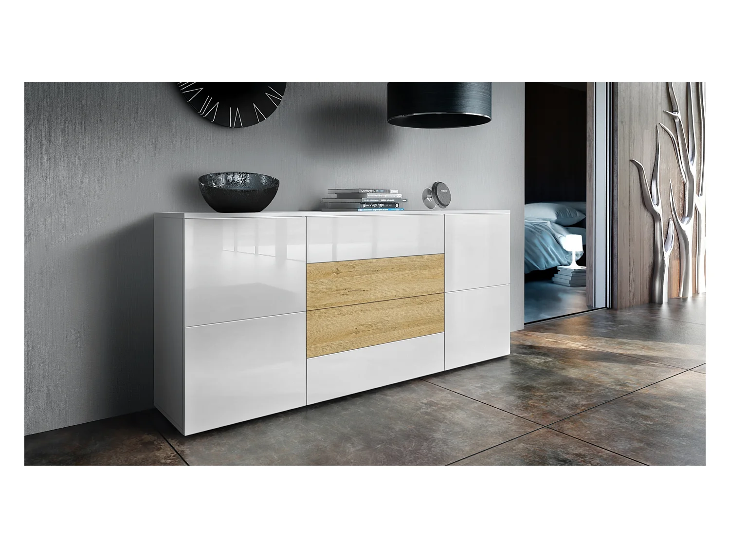 SIDEBOARD Rova Weiß Hochglanz/ Eiche Natur