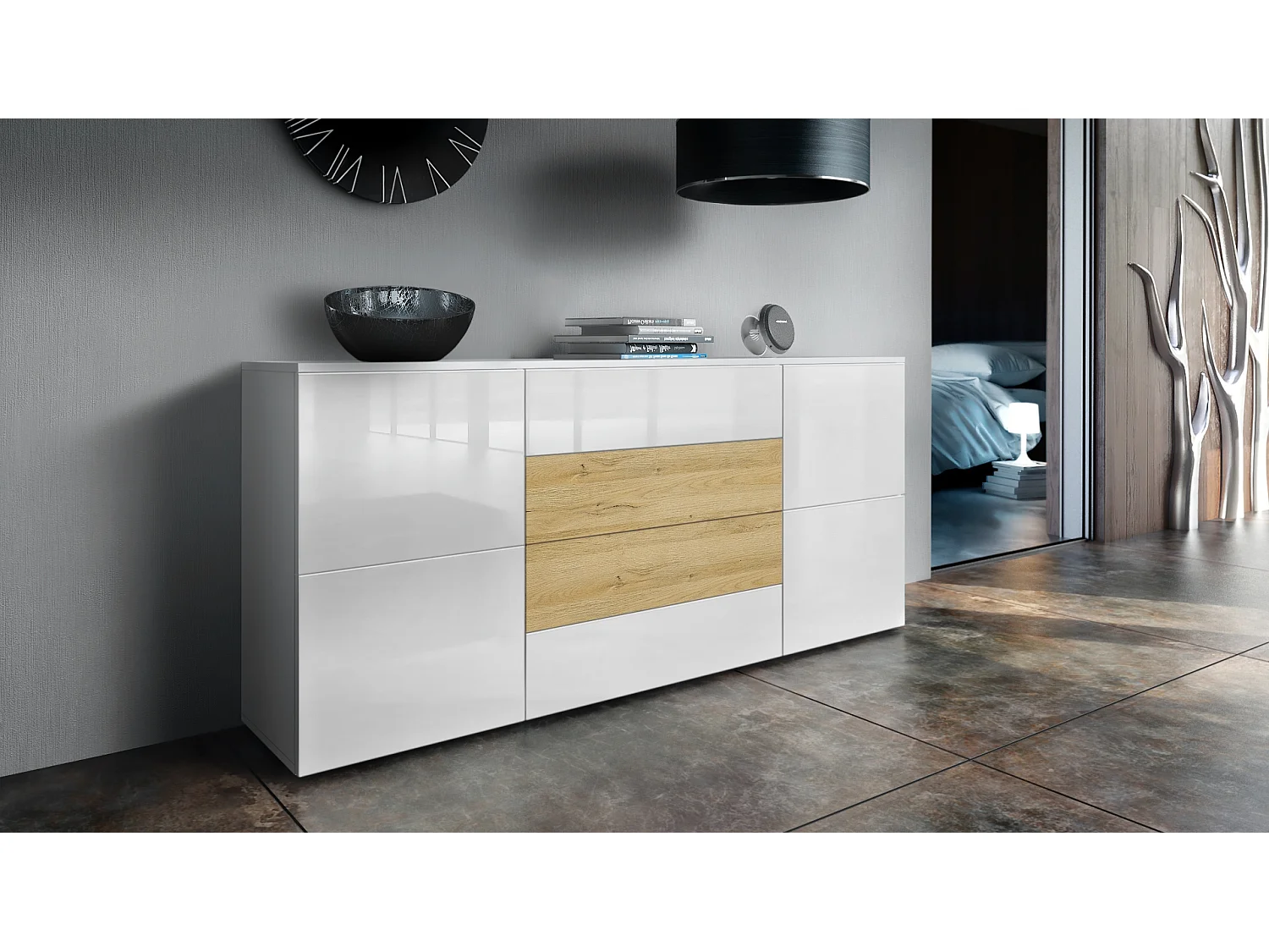 SIDEBOARD Rova Weiß Hochglanz/ Eiche Natur