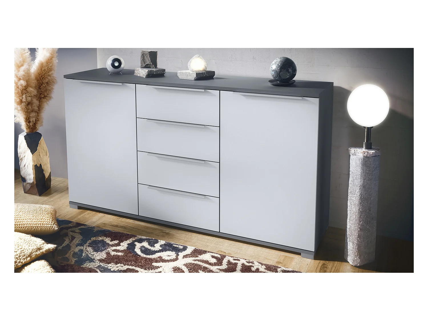 Buffet Linio V1, Enfilade avec 2 portes et 4 tiroirs, anthracite mat / blanc mat (138,5 x 75,5 x 35 cm)