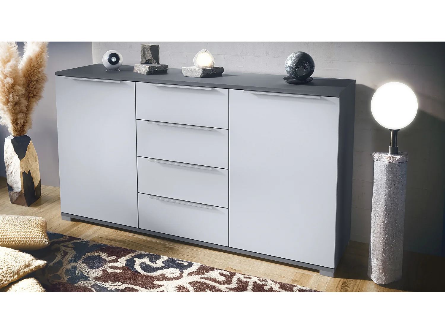 Buffet Linio V1, Enfilade avec 2 portes et 4 tiroirs, anthracite mat / blanc mat (138,5 x 75,5 x 35 cm)