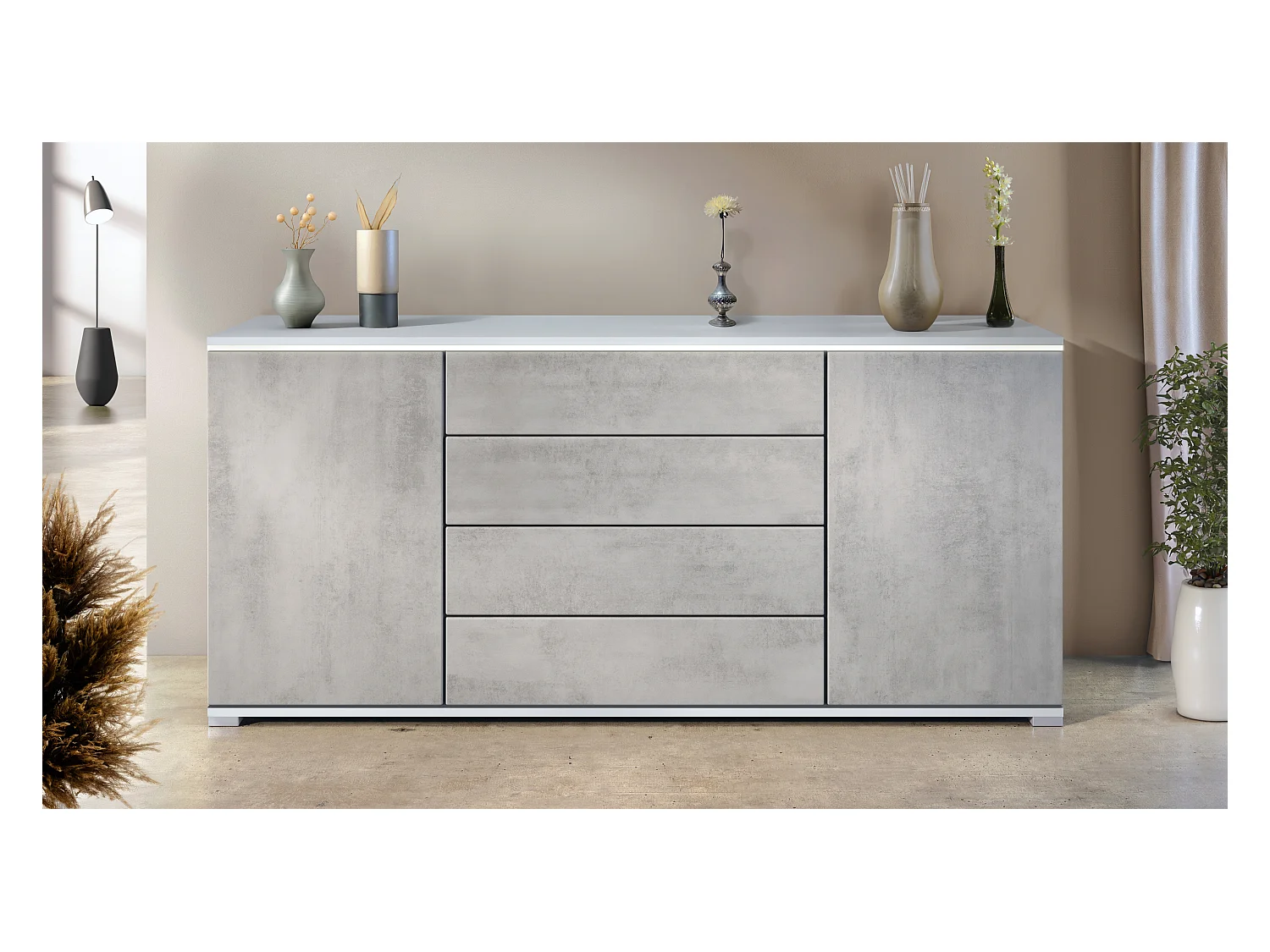 Buffet Faro V2 – Meuble avec 2 Portes & 4 Tiroirs, Armoire avec Bande LED Lumineuse, blanc mat / aspect béton oxyde (166,5 x 75,5 x 35)