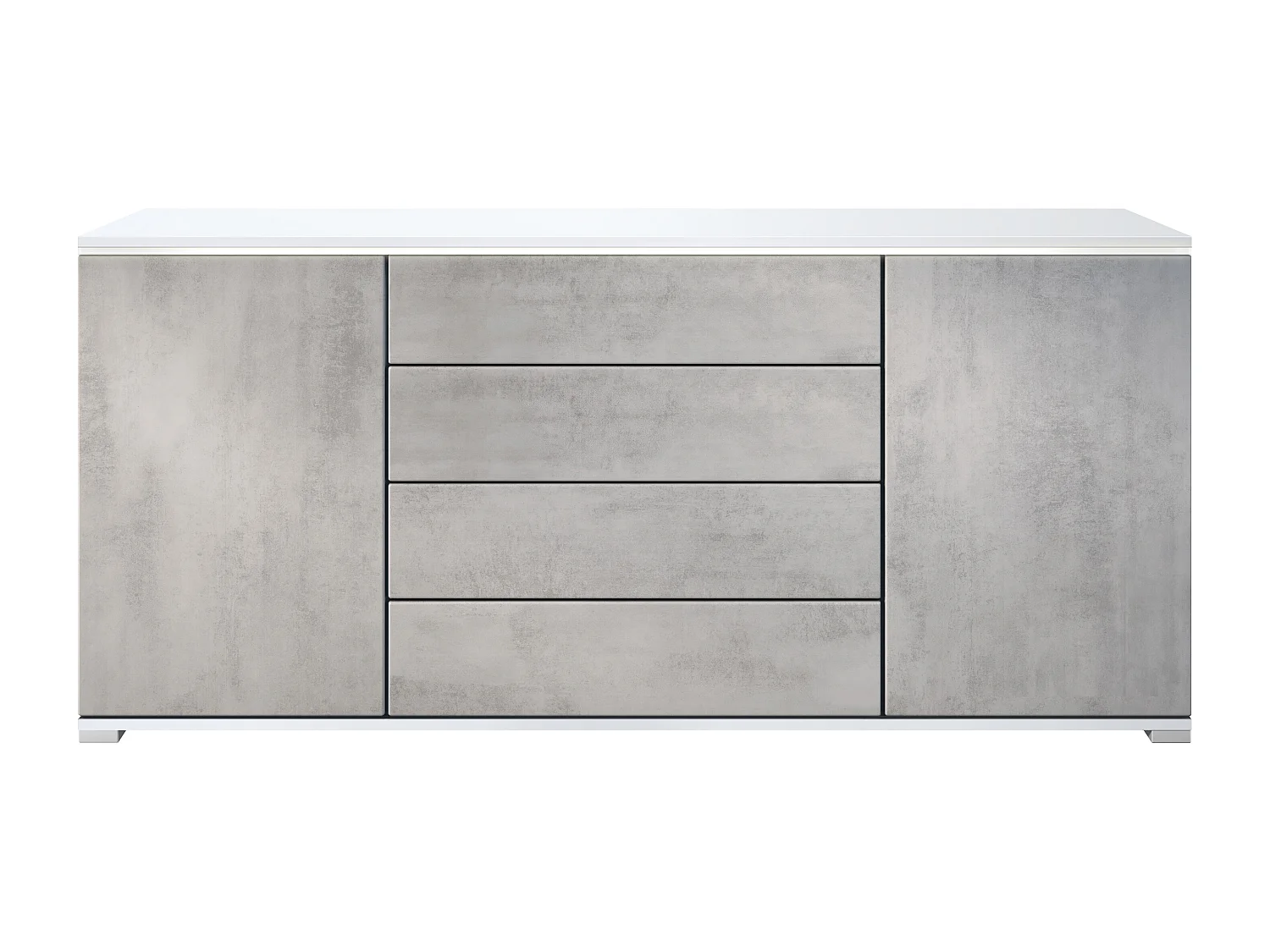 Buffet Faro V2 – Meuble avec 2 Portes & 4 Tiroirs, Armoire avec Bande LED Lumineuse, blanc mat / aspect béton oxyde (166,5 x 75,5 x 35)