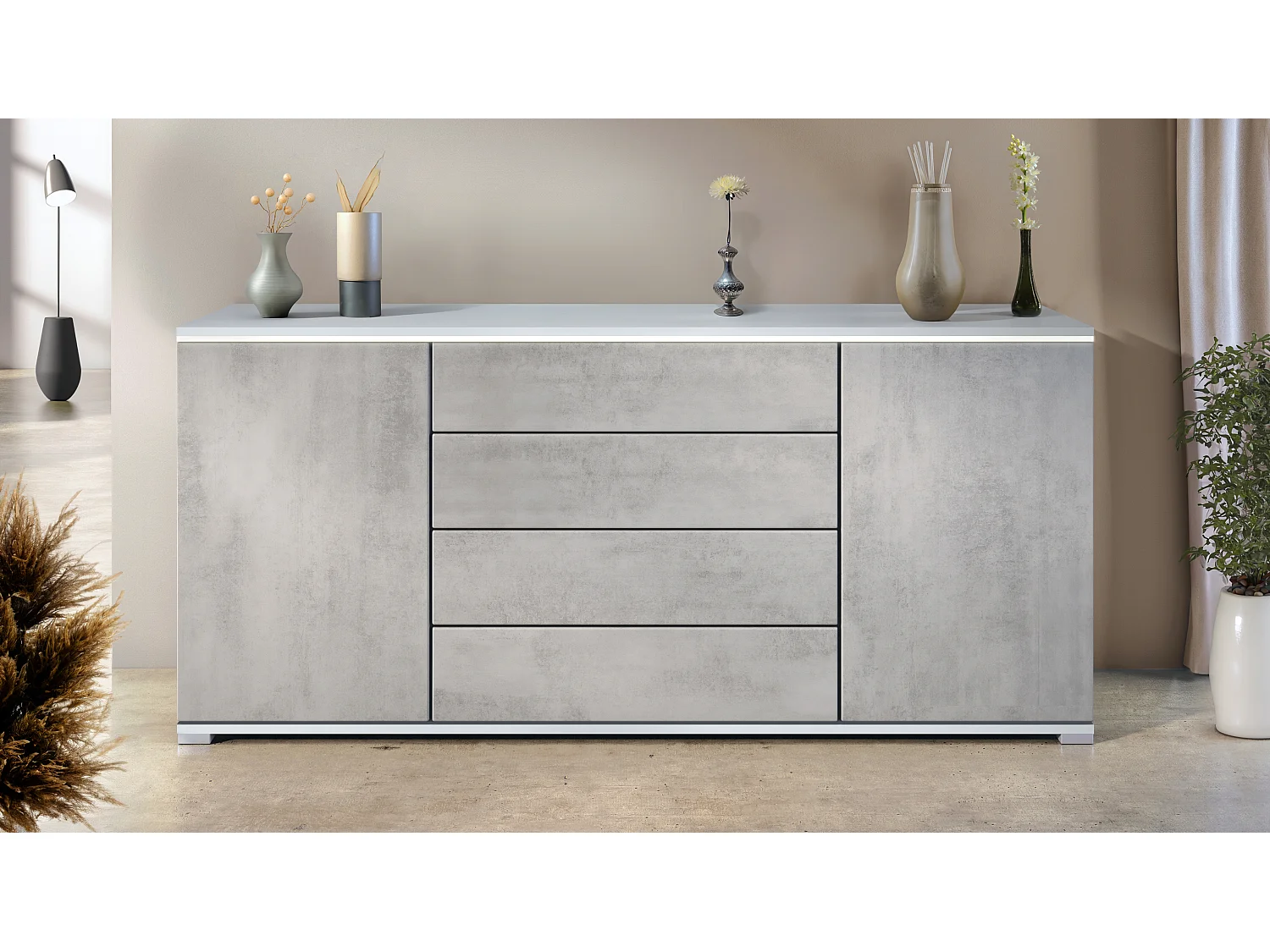 Buffet Faro V2 – Meuble avec 2 Portes & 4 Tiroirs, Armoire avec Bande LED Lumineuse, blanc mat / aspect béton oxyde (166,5 x 75,5 x 35)