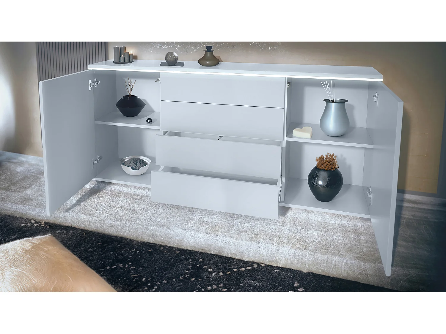 Buffet Faro V2 – Meuble avec 2 Portes & 4 Tiroirs, Armoire avec Bande LED Lumineuse, blanc mat / aspect béton oxyde (166,5 x 75,5 x 35)