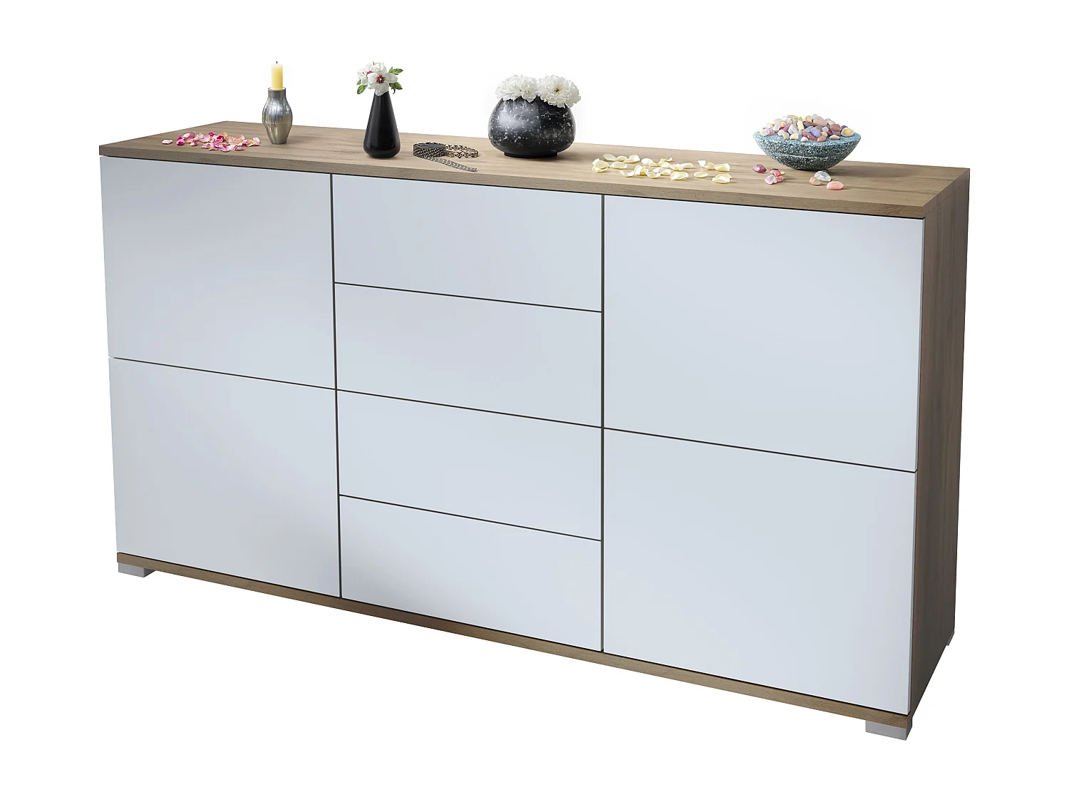 Buffet Rova V1 – Meuble avec 4 Portes et 4 Tiroirs, Chêne Evoke/blanc mat (138,5 x 75,5 x 35)