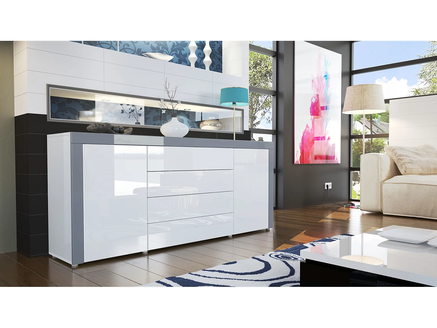 Aparador Cómoda La Paz, cuerpo en blanco de alto brillo / Frente en blanco de alto brillo con marco en gris de alto brillo