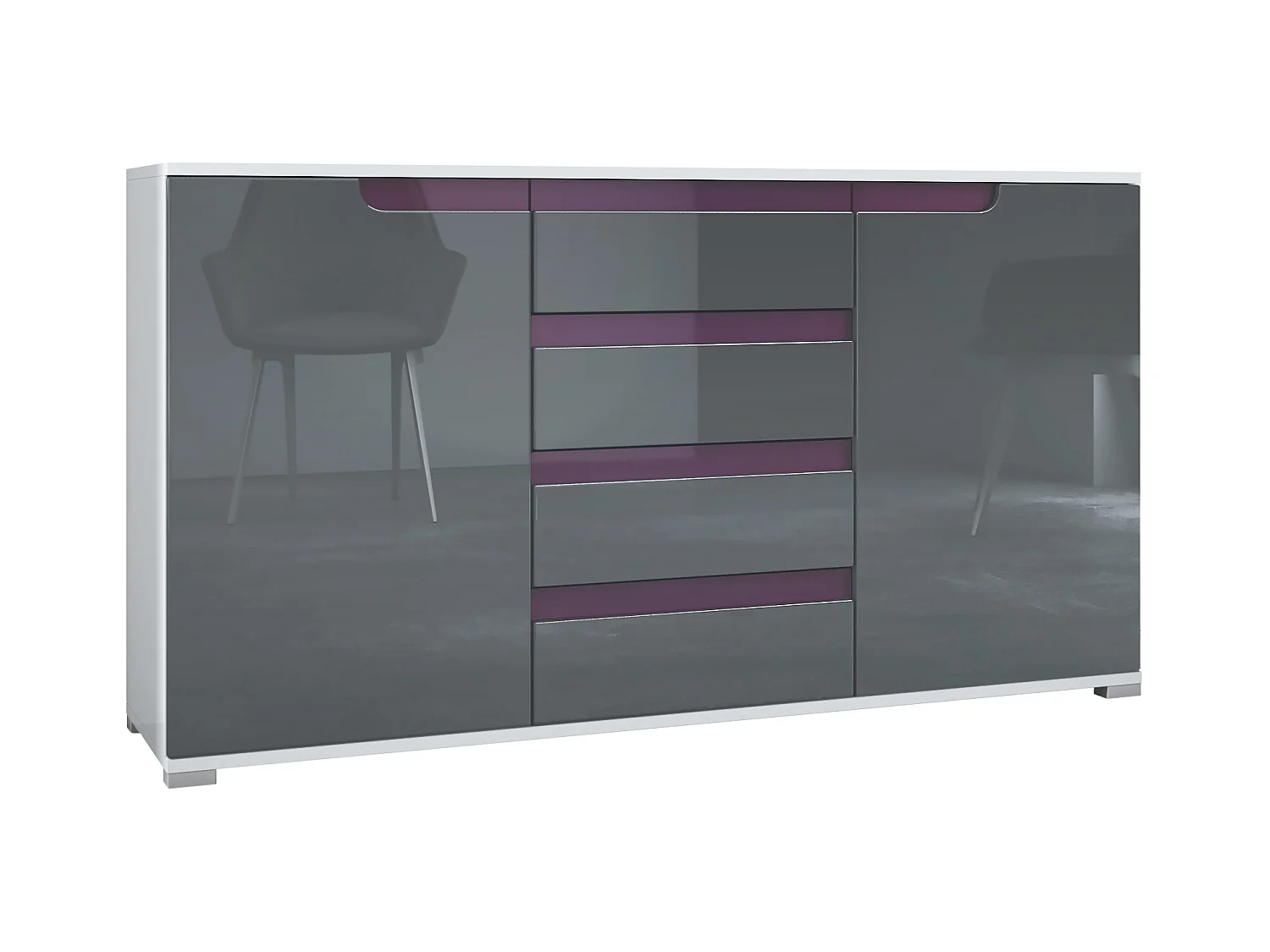 Buffet Dressoir Sylt, Corps en Noir mat / Façades en gris haute brillance avec un decor en mûre haute brillance (139 x 72 x 35)
