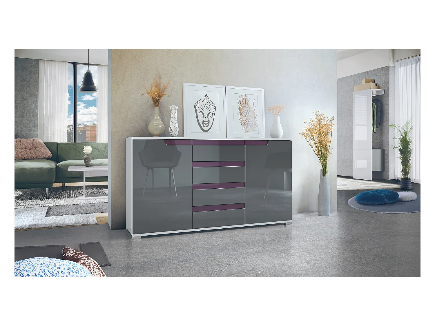 Buffet Dressoir Sylt, Corps en Noir mat / Façades en gris haute brillance avec un decor en mûre haute brillance (139 x 72 x 35)
