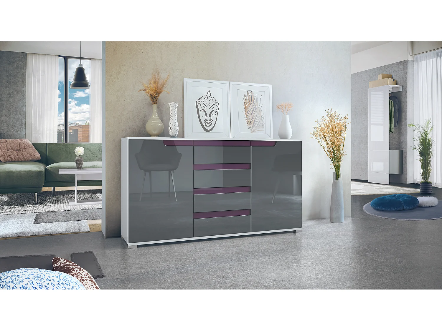 Buffet Dressoir Sylt, Corps en Noir mat / Façades en gris haute brillance avec un decor en mûre haute brillance (139 x 72 x 35)