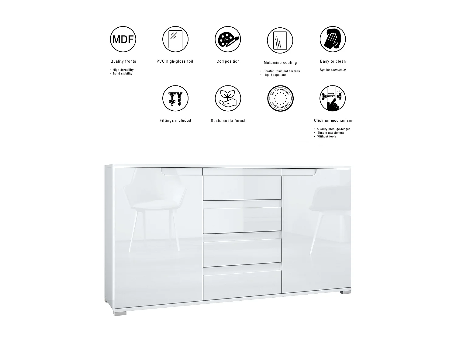 Buffet Dressoir Sylt, Corps en Noir mat / Façades en gris haute brillance avec un decor en mûre haute brillance (139 x 72 x 35)