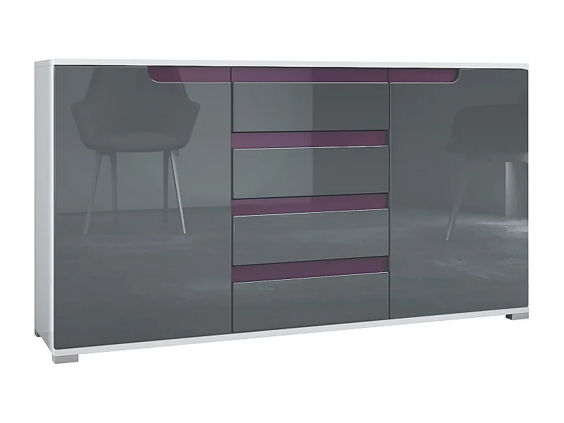 Buffet Dressoir Sylt, Corps en Noir mat / Façades en gris haute brillance avec un decor en mûre haute brillance (139 x 72 x 35)