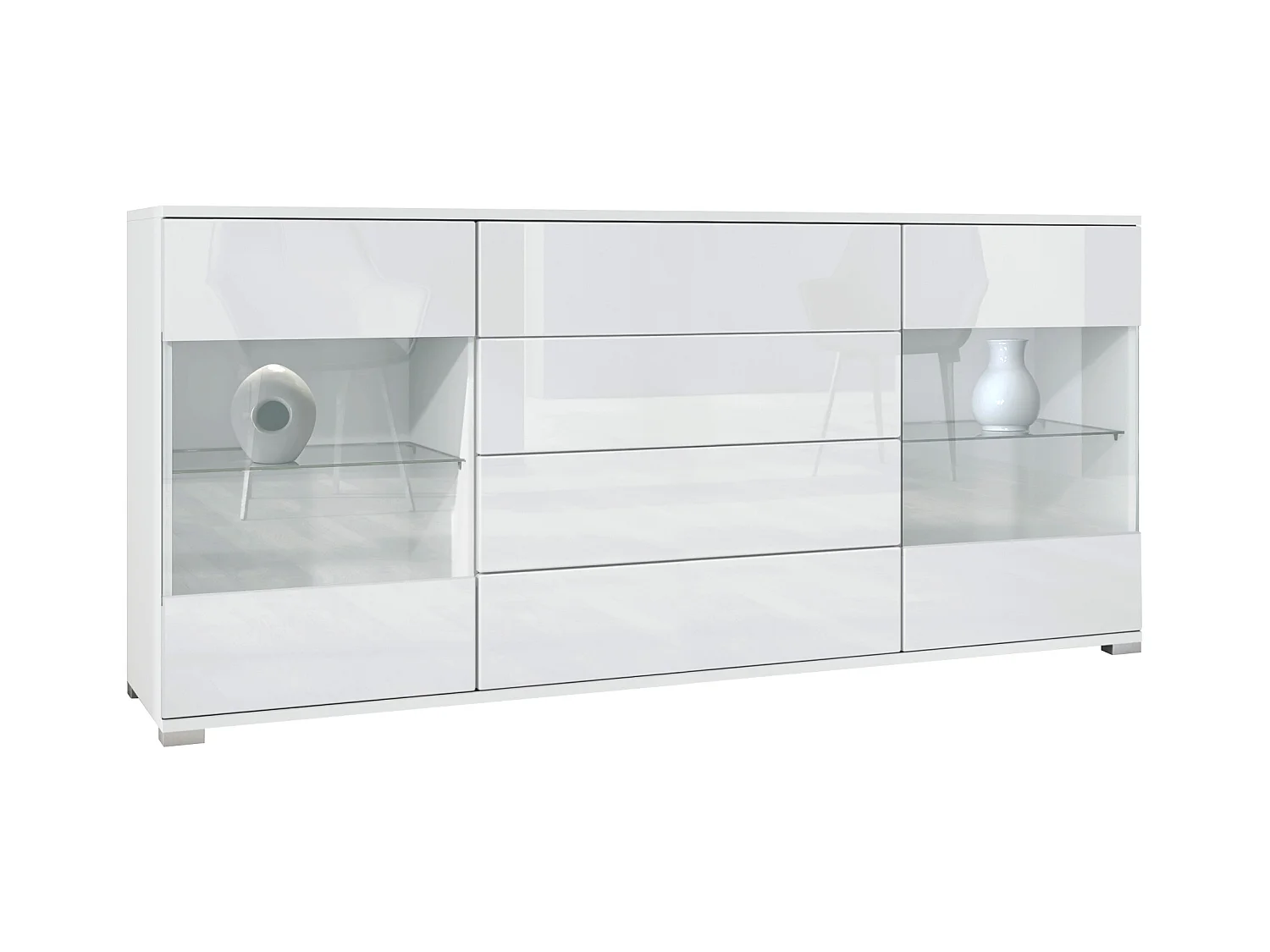 Buffet Bari V2 – Meuble avec 2 Grandes Portes et 4 Tiroirs, blanc mat/blanc haute brillance (166,5 x 75,5 x 35)