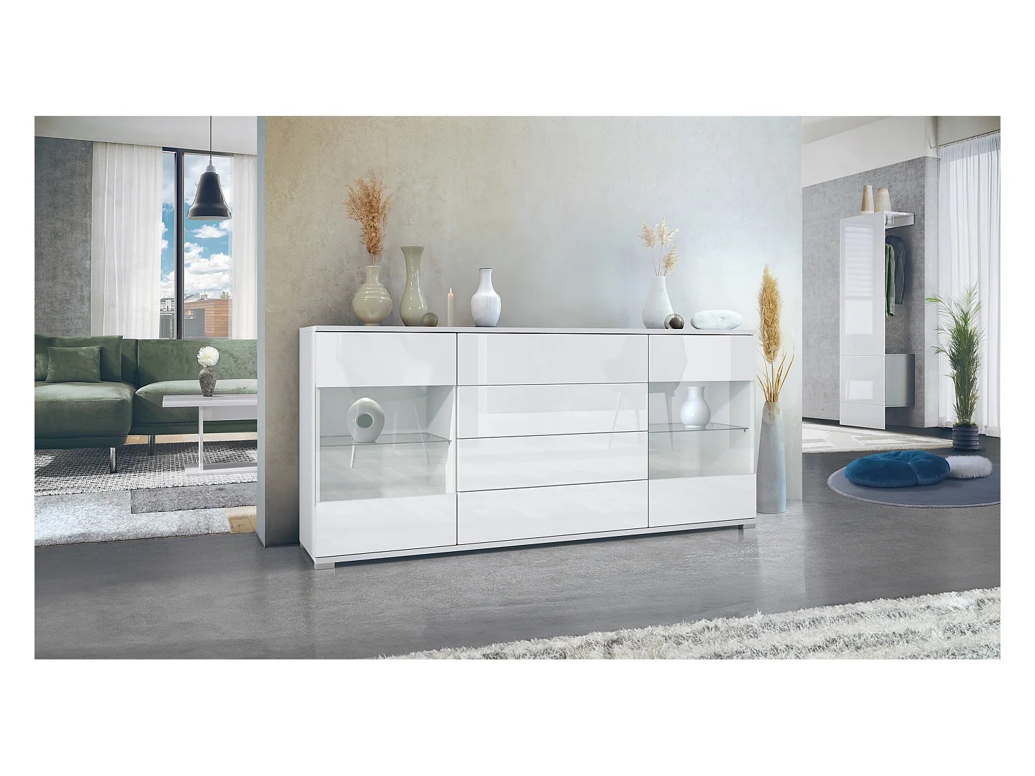 Buffet Bari V2 – Meuble avec 2 Grandes Portes et 4 Tiroirs, blanc mat/blanc haute brillance (166,5 x 75,5 x 35)