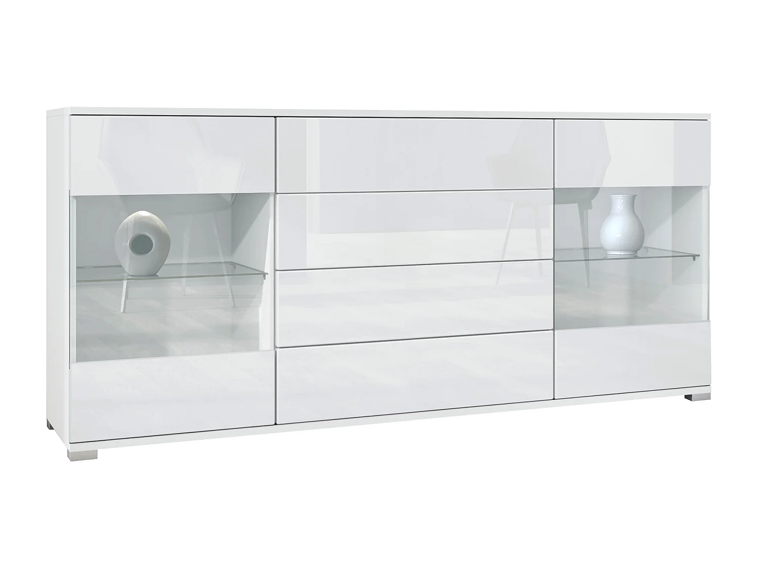 Buffet Bari V2 – Meuble avec 2 Grandes Portes et 4 Tiroirs, blanc mat/blanc haute brillance (166,5 x 75,5 x 35)