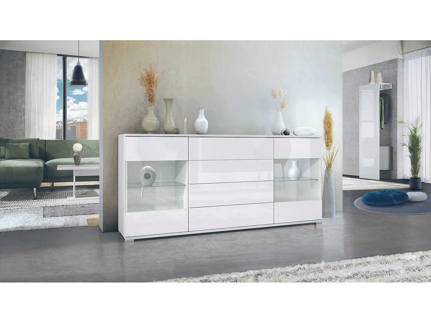 Buffet Bari V2 – Meuble avec 2 Grandes Portes et 4 Tiroirs, blanc mat/blanc haute brillance (166,5 x 75,5 x 35)