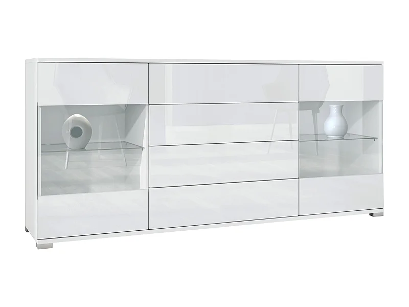 Buffet Bari V2 – Meuble avec 2 Grandes Portes et 4 Tiroirs, blanc mat/blanc haute brillance (166,5 x 75,5 x 35)