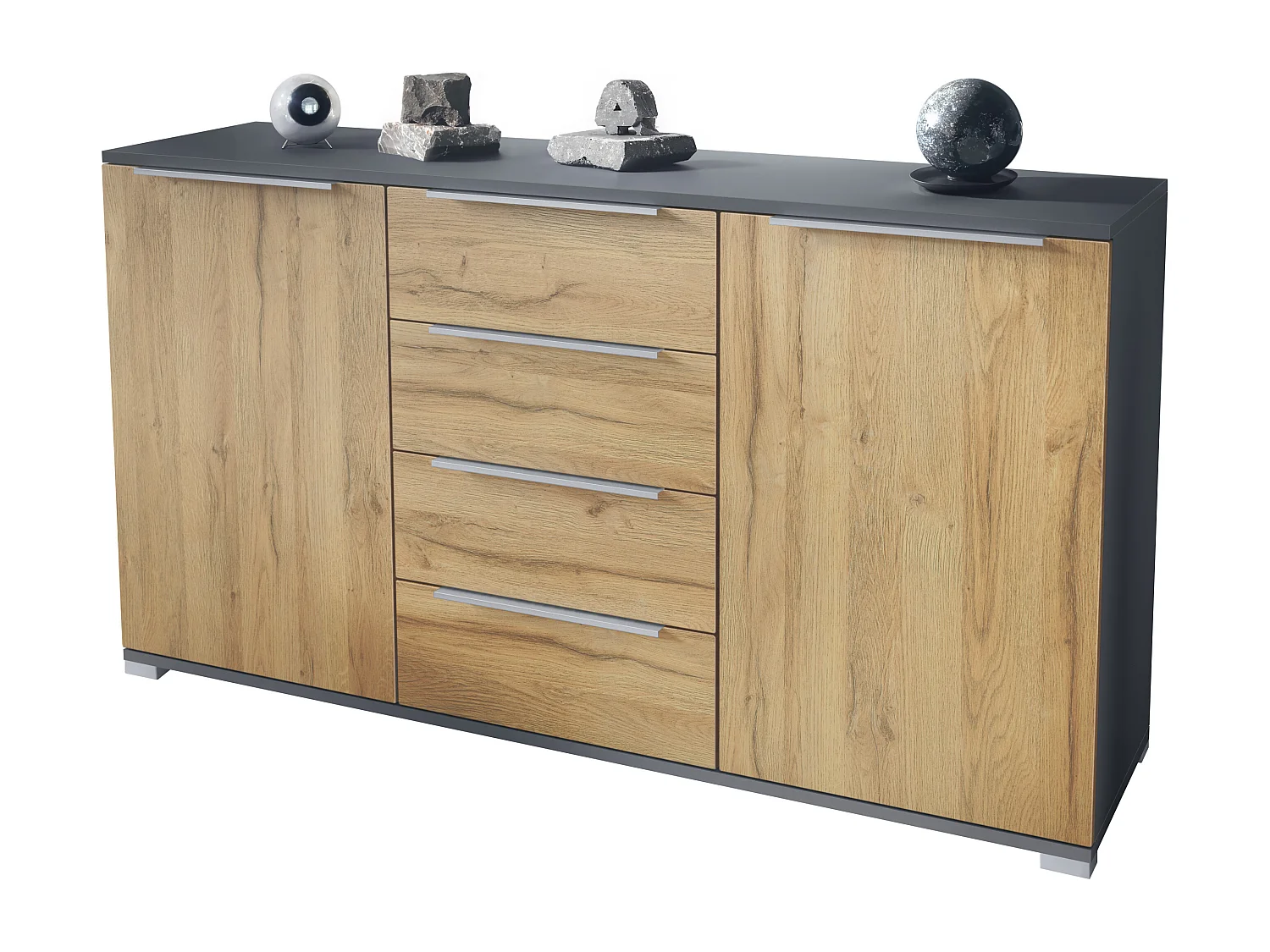 Buffet Linio V1, Enfilade avec 2 portes et 4 tiroirs, anthracite mat / chêne nature (138,5 x 75,5 x 35 cm)