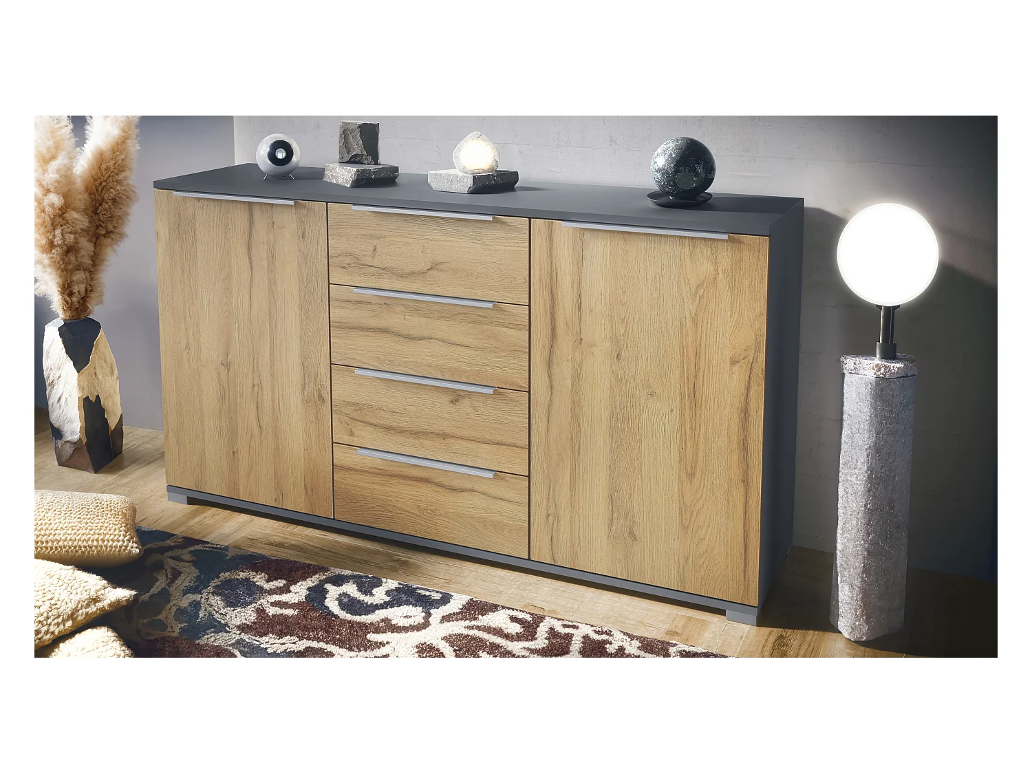 Buffet Linio V1, Enfilade avec 2 portes et 4 tiroirs, anthracite mat / chêne nature (138,5 x 75,5 x 35 cm)