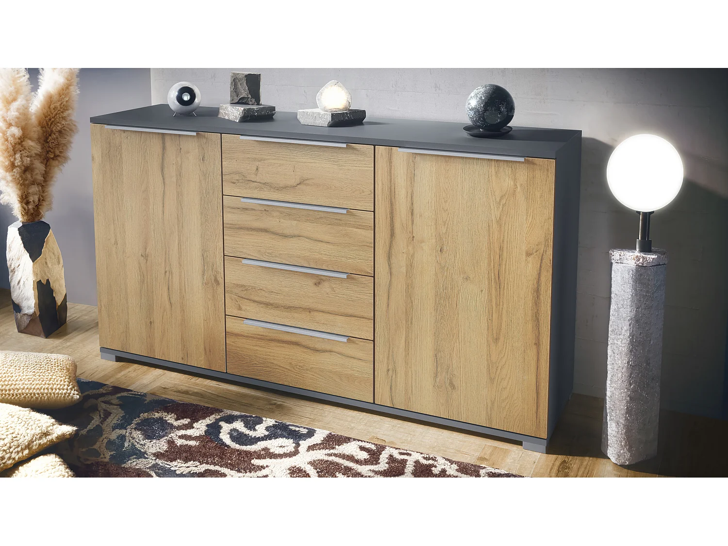 Buffet Linio V1, Enfilade avec 2 portes et 4 tiroirs, anthracite mat / chêne nature (138,5 x 75,5 x 35 cm)