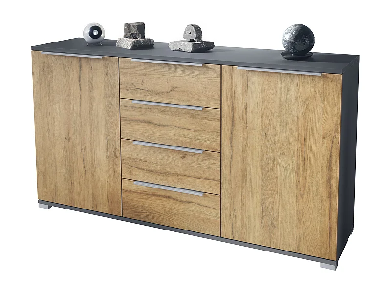 Buffet Linio V1, Enfilade avec 2 portes et 4 tiroirs, anthracite mat / chêne nature (138,5 x 75,5 x 35 cm)