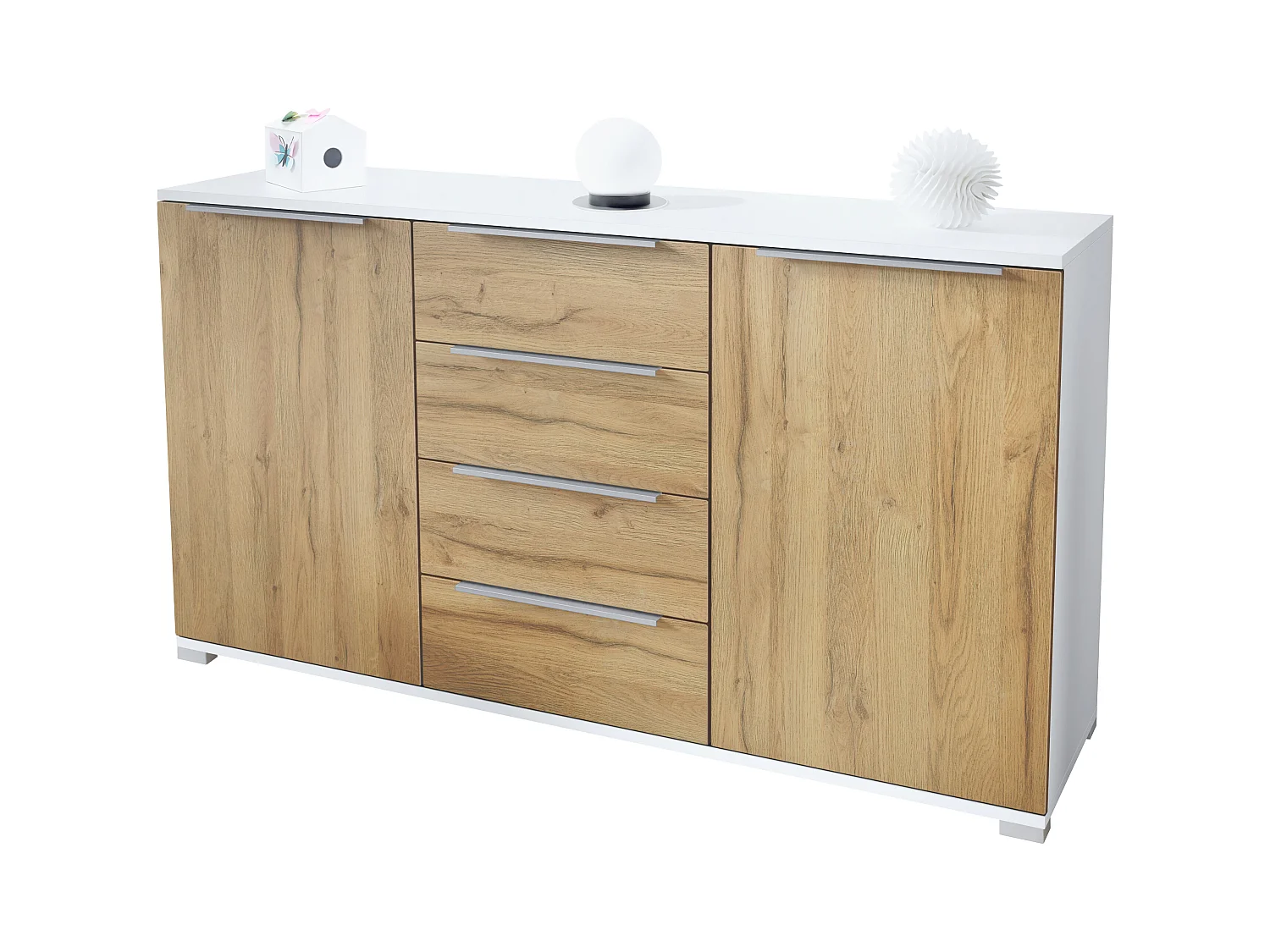 Buffet Linio V1, Enfilade avec 2 portes et 4 tiroirs, blanc mat / chêne nature (138,5 x 75,5 x 35 cm)