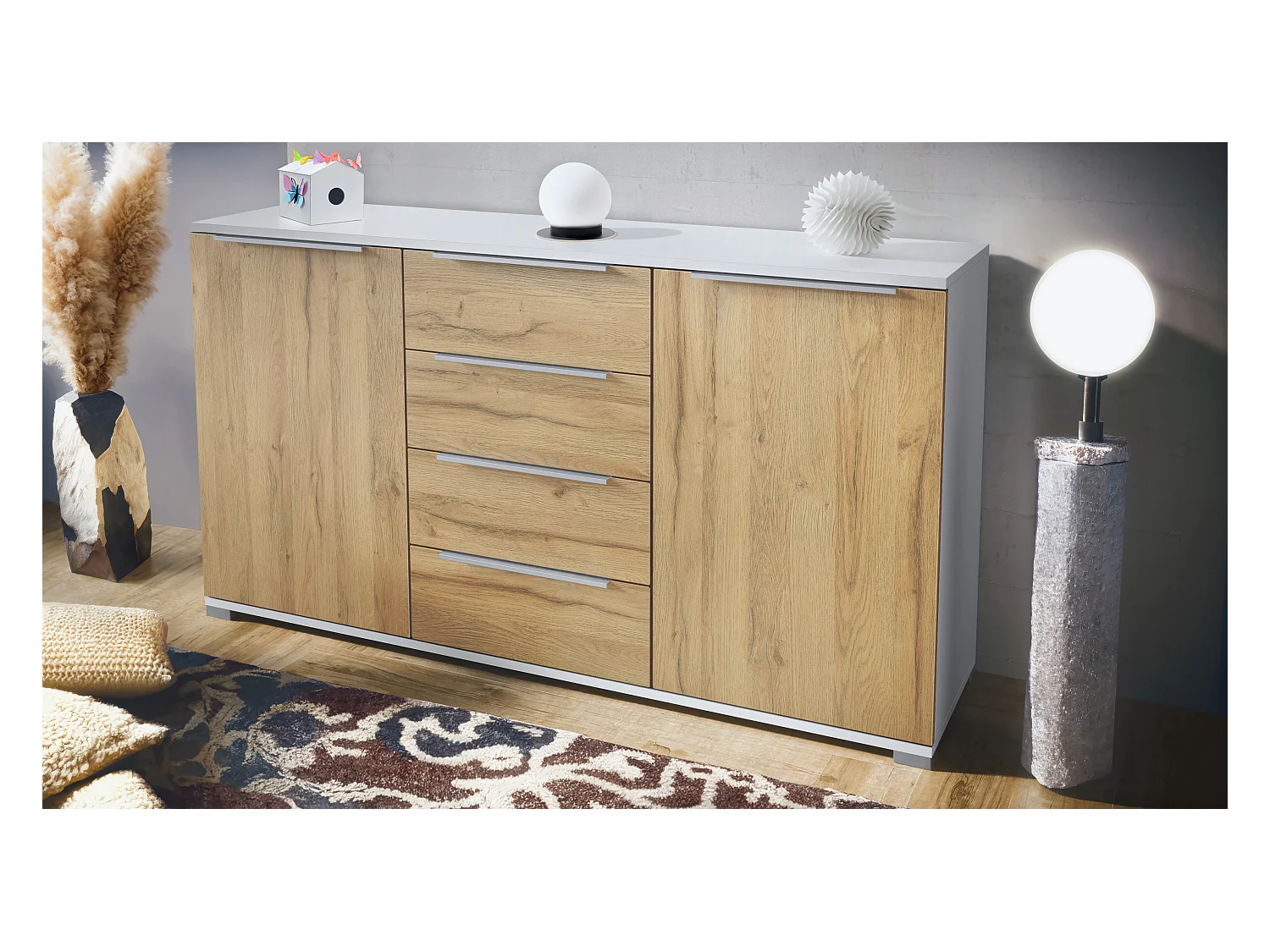Buffet Linio V1, Enfilade avec 2 portes et 4 tiroirs, blanc mat / chêne nature (138,5 x 75,5 x 35 cm)