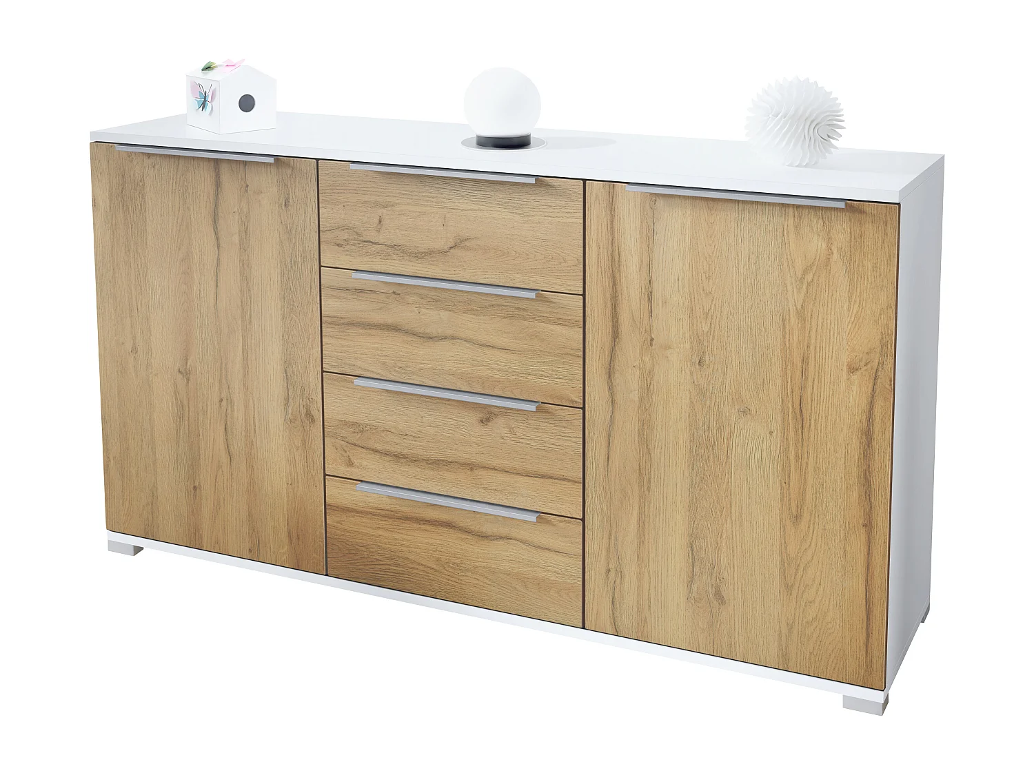 Buffet Linio V1, Enfilade avec 2 portes et 4 tiroirs, blanc mat / chêne nature (138,5 x 75,5 x 35 cm)