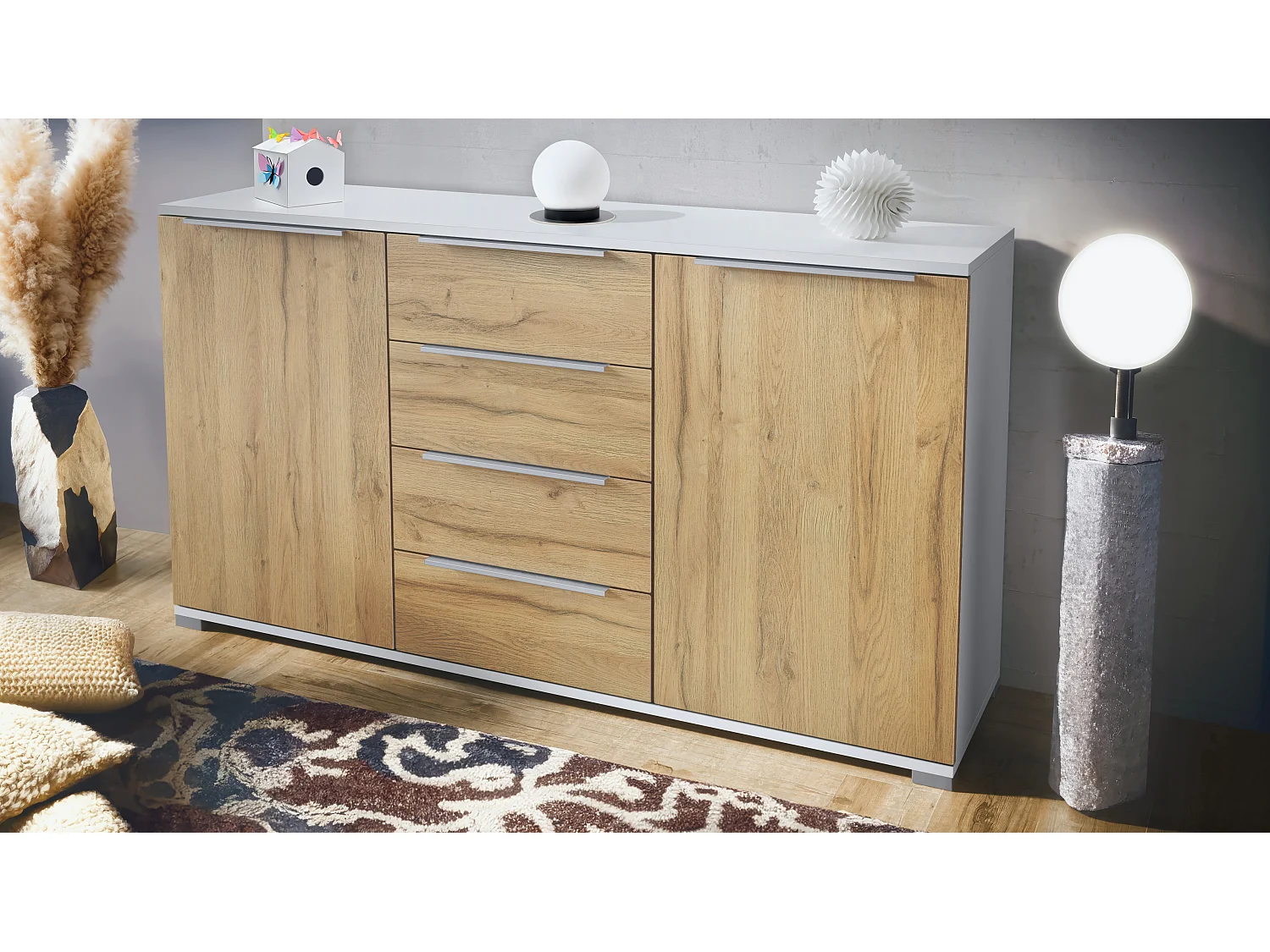 Buffet Linio V1, Enfilade avec 2 portes et 4 tiroirs, blanc mat / chêne nature (138,5 x 75,5 x 35 cm)
