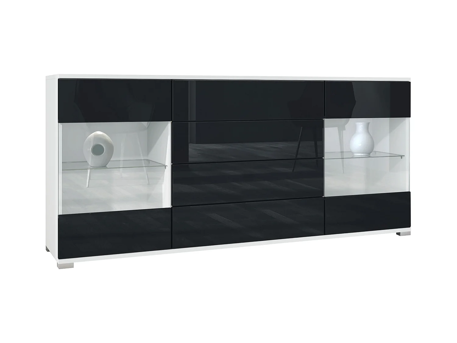 Buffet Bari V2 – Meuble avec 2 Grandes Portes et 4 Tiroirs, blanc mat/noir haute brillance (166,5 x 75,5 x 35)