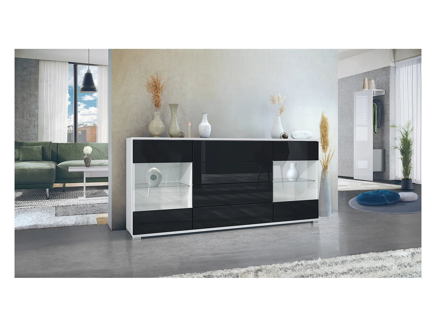 Buffet Bari V2 – Meuble avec 2 Grandes Portes et 4 Tiroirs, blanc mat/noir haute brillance (166,5 x 75,5 x 35)