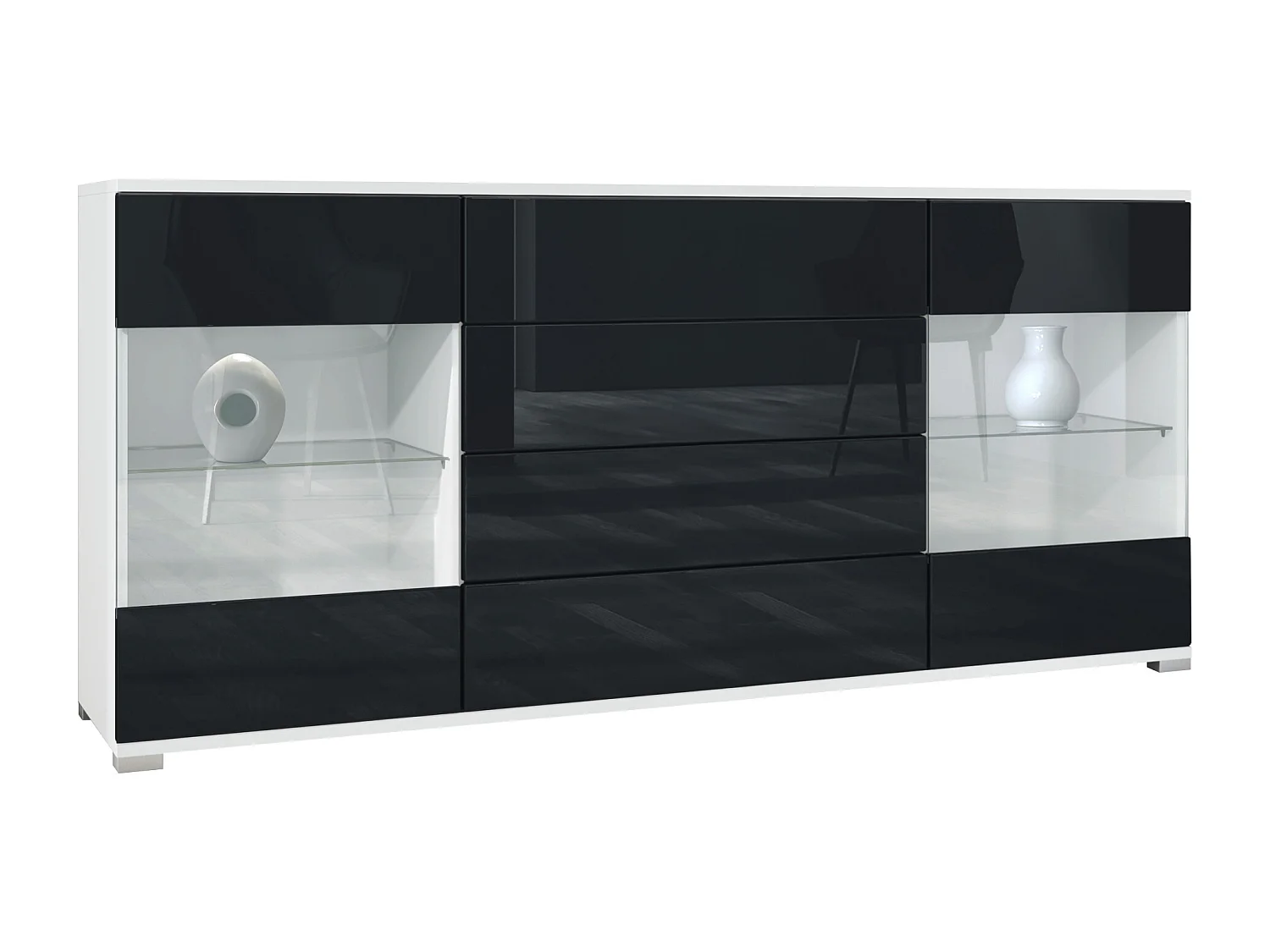 Buffet Bari V2 – Meuble avec 2 Grandes Portes et 4 Tiroirs, blanc mat/noir haute brillance (166,5 x 75,5 x 35)