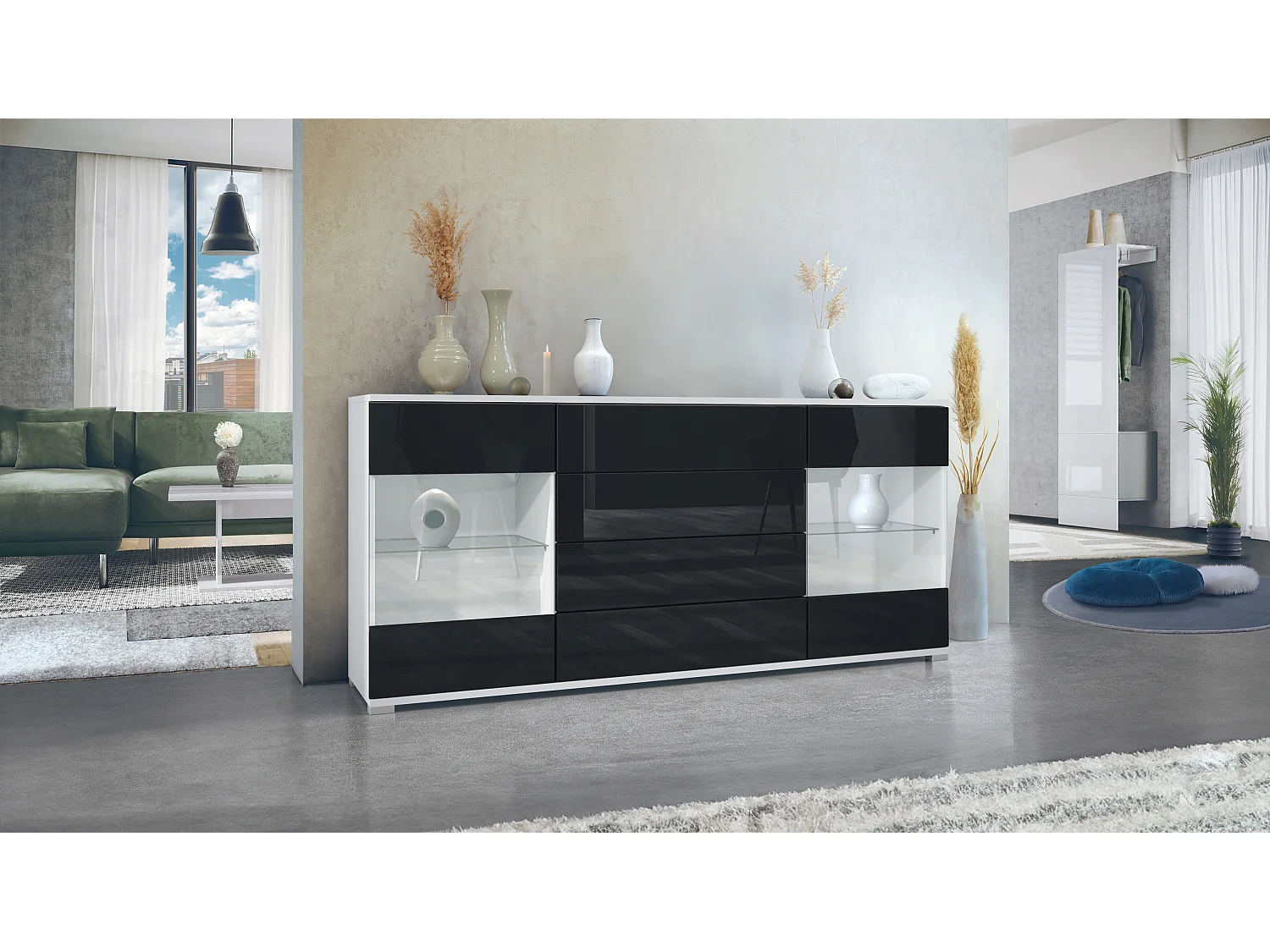 Buffet Bari V2 – Meuble avec 2 Grandes Portes et 4 Tiroirs, blanc mat/noir haute brillance (166,5 x 75,5 x 35)
