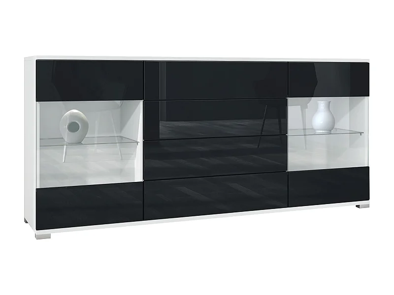 Buffet Bari V2 – Meuble avec 2 Grandes Portes et 4 Tiroirs, blanc mat/noir haute brillance (166,5 x 75,5 x 35)