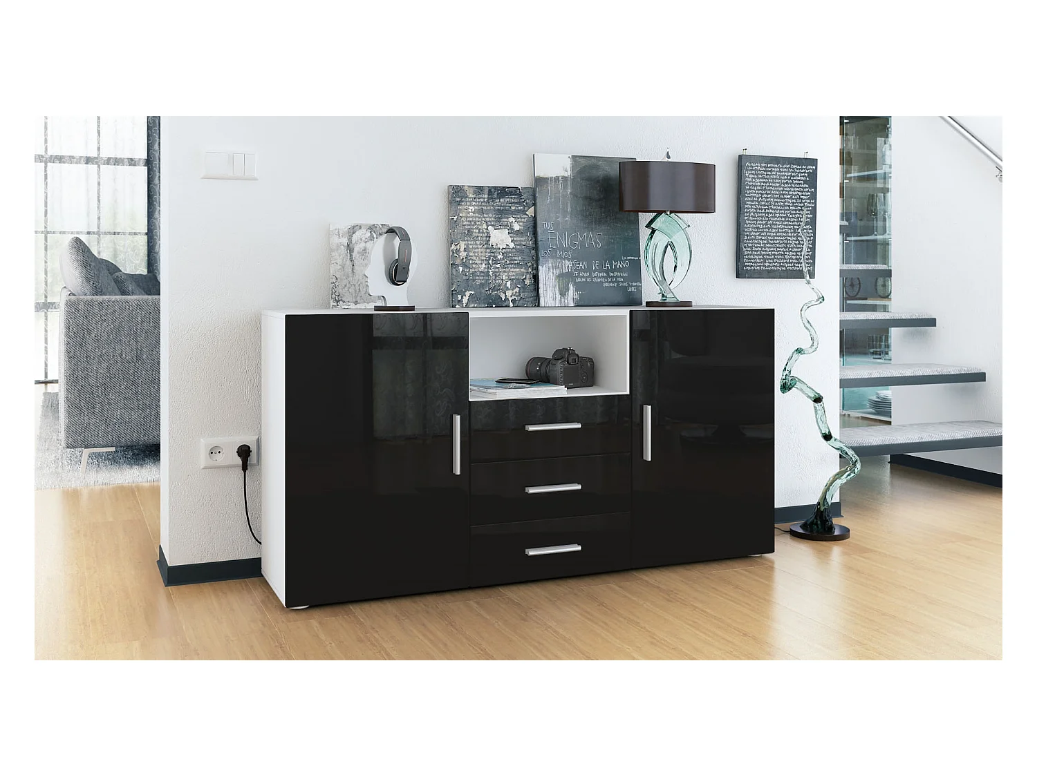 SIDEBOARD Skadu Front in Schwarz Hochglanz