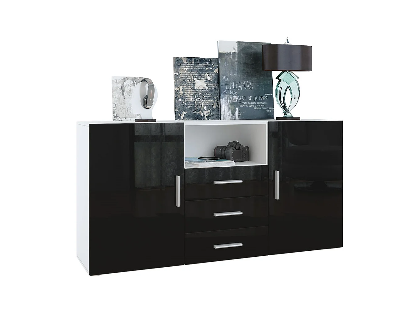 Buffet Skadu, Commode avec 2 portes, 3 tiroirs et 1 compartiment ouvert, blanc mat/noir haute brillance (138,5 x 71,5 x 35 cm)