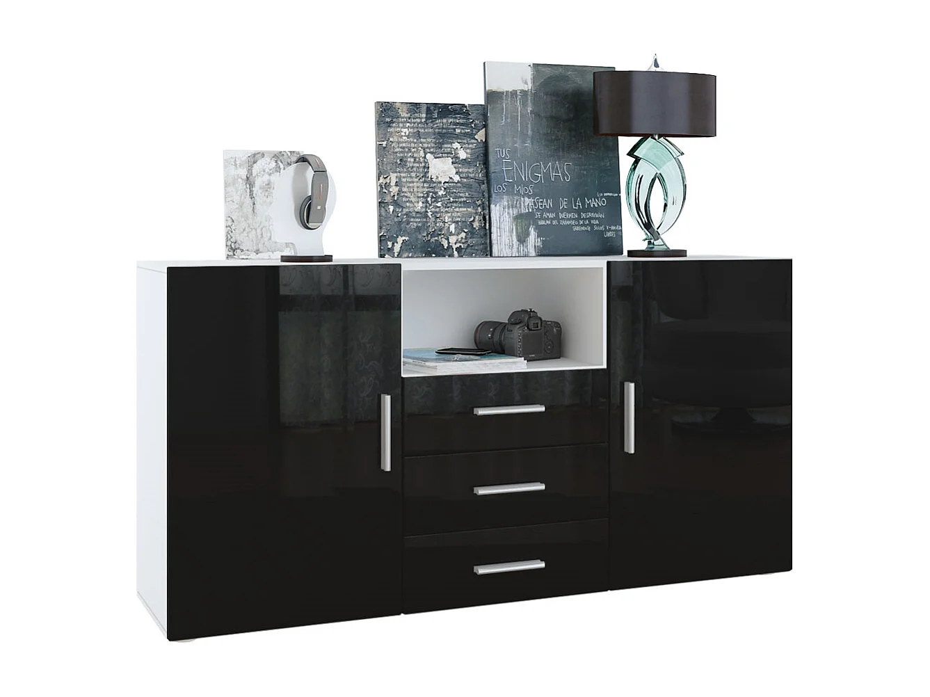 Credenza Skadu, mobile con 2 ante, 3 cassetti e 1 scomparto a giorno, bianco opaco/nero lucido (138,5 x 71,5 x 35 cm)