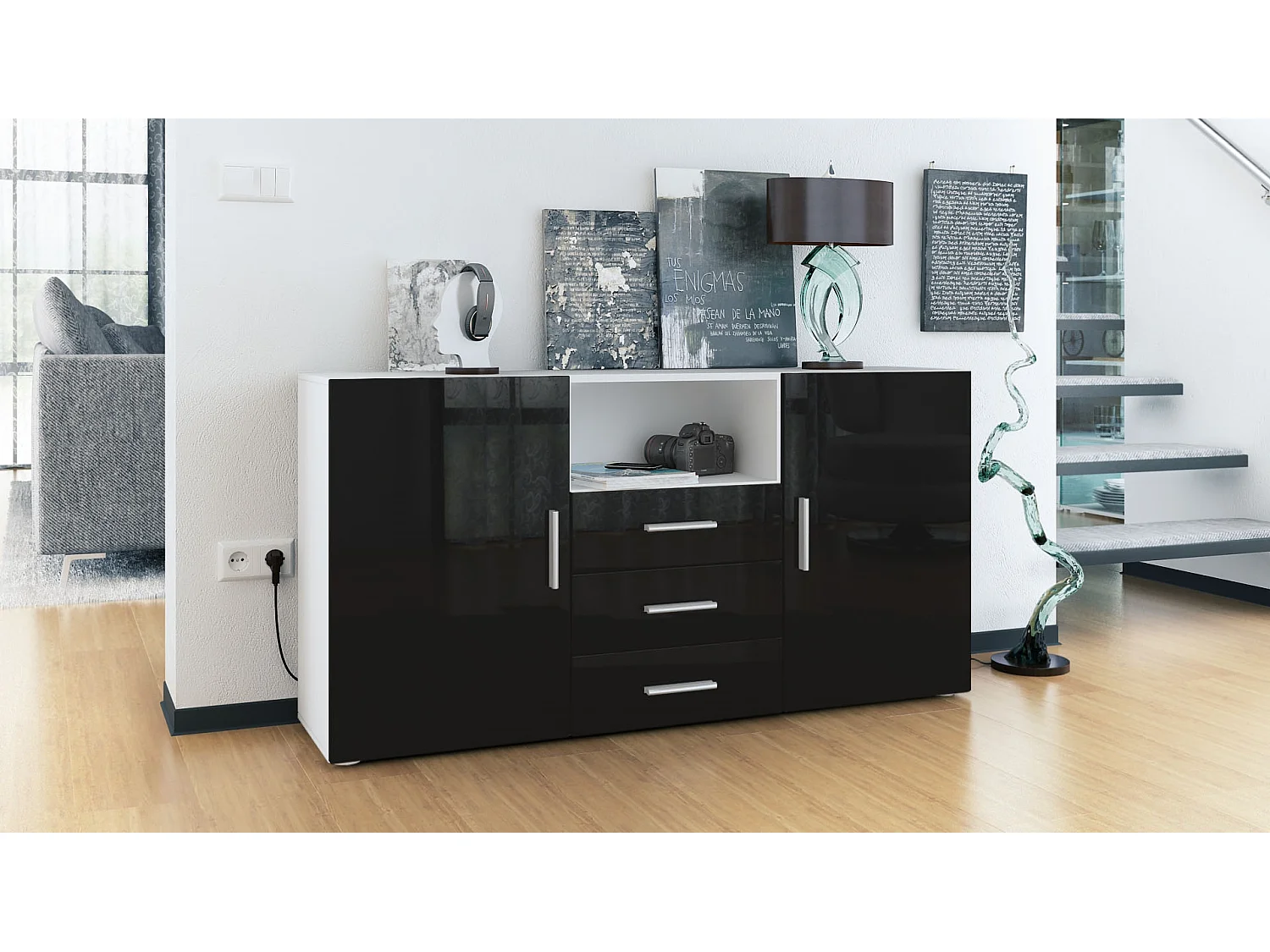 Credenza Skadu, mobile con 2 ante, 3 cassetti e 1 scomparto a giorno, bianco opaco/nero lucido (138,5 x 71,5 x 35 cm)