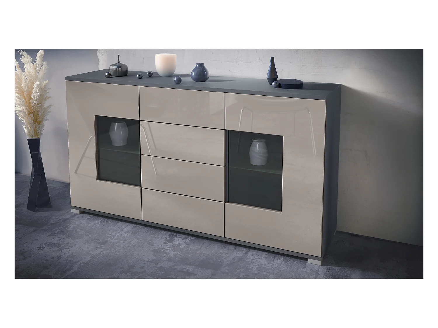 Buffet Grömitz V1 – Meuble avec 2 Grandes Portes et 4 Tiroirs, anthracite mat/gris sable haute brillance (138,5 x 75,5 x 35)