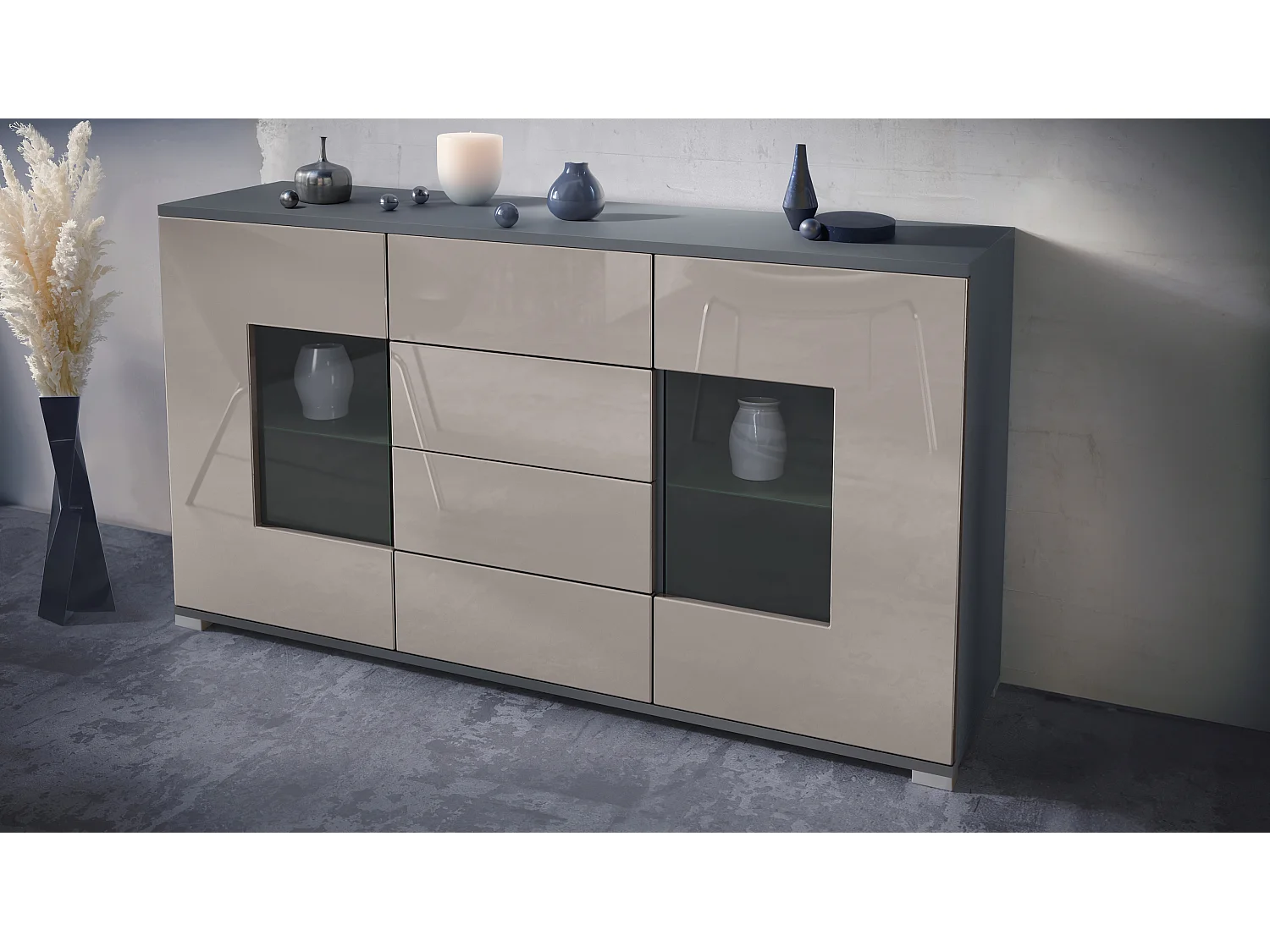 Buffet Grömitz V1 – Meuble avec 2 Grandes Portes et 4 Tiroirs, anthracite mat/gris sable haute brillance (138,5 x 75,5 x 35)