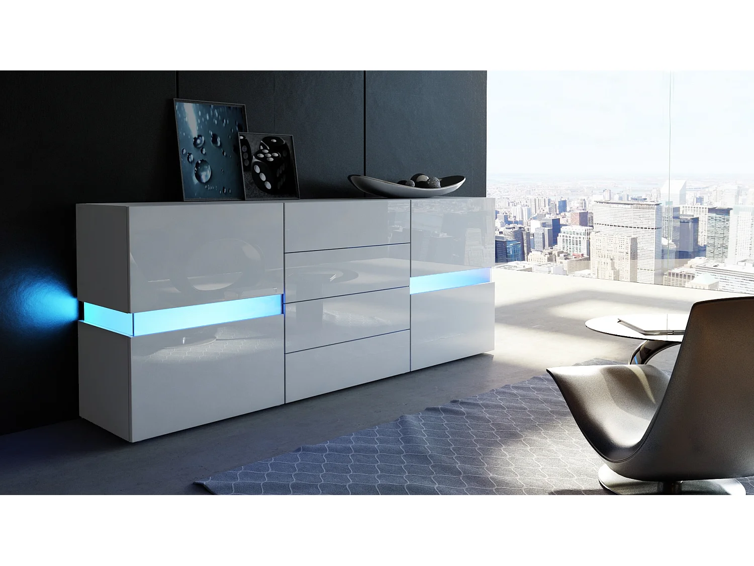 Vladon Sideboard Flow, bianco opaco/bianco lucido incl. LED - Cassettiera moderna con vetrata Ambient Light per la vostra zona giorno (177 x 75 x 39 cm)