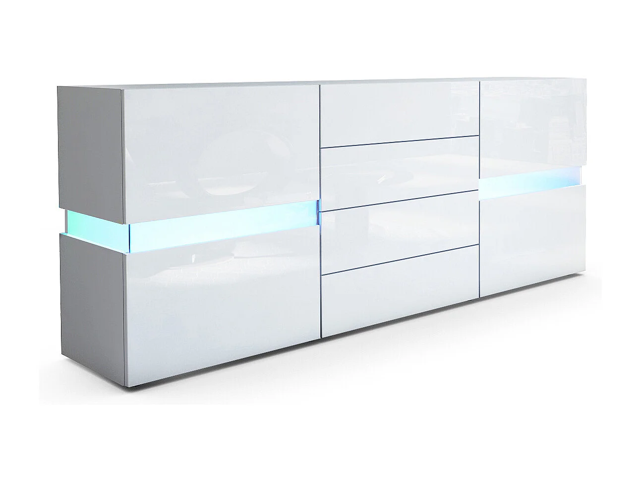 Vladon Sideboard Flow, bianco opaco/bianco lucido incl. LED - Cassettiera moderna con vetrata Ambient Light per la vostra zona giorno (177 x 75 x 39 cm)