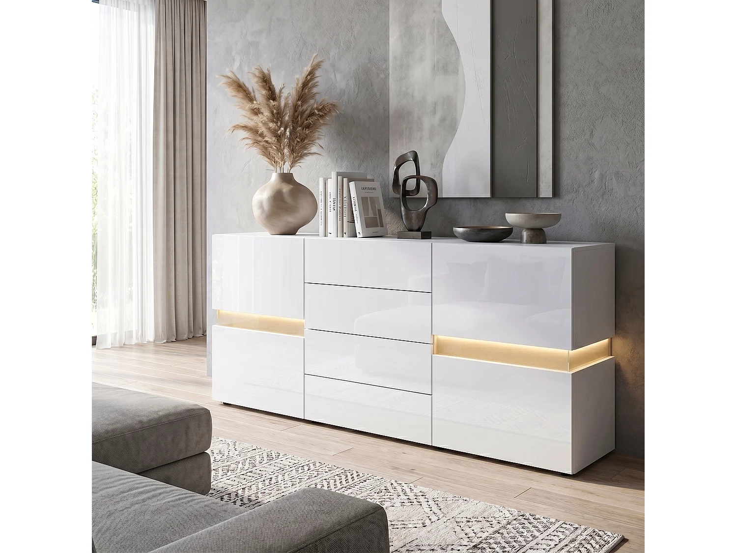 Vladon Sideboard Flow, bianco opaco/bianco lucido incl. LED - Cassettiera moderna con vetrata Ambient Light per la vostra zona giorno (177 x 75 x 39 cm)
