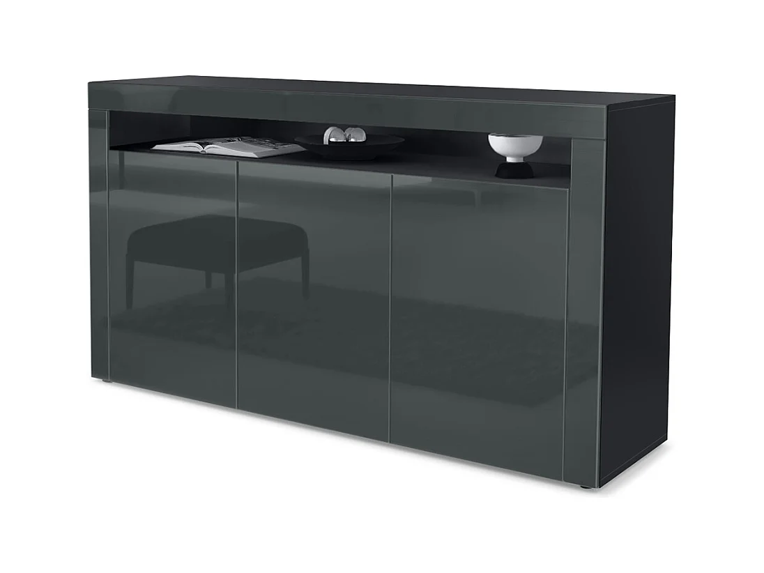 Buffet Valencia, Commode avec 3 portes et 1 compartiment ouvert, Noir mat/gris haute brillance/gris haute brillance (155 x 92 x 40 cm)