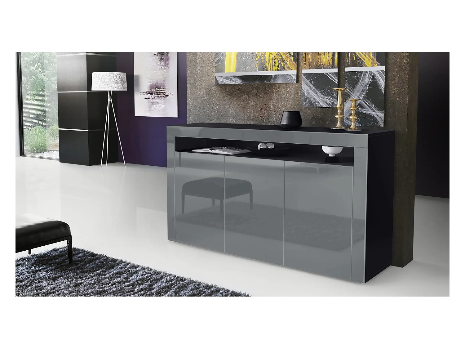 Buffet Valencia, Commode avec 3 portes et 1 compartiment ouvert, Noir mat/gris haute brillance/gris haute brillance (155 x 92 x 40 cm)