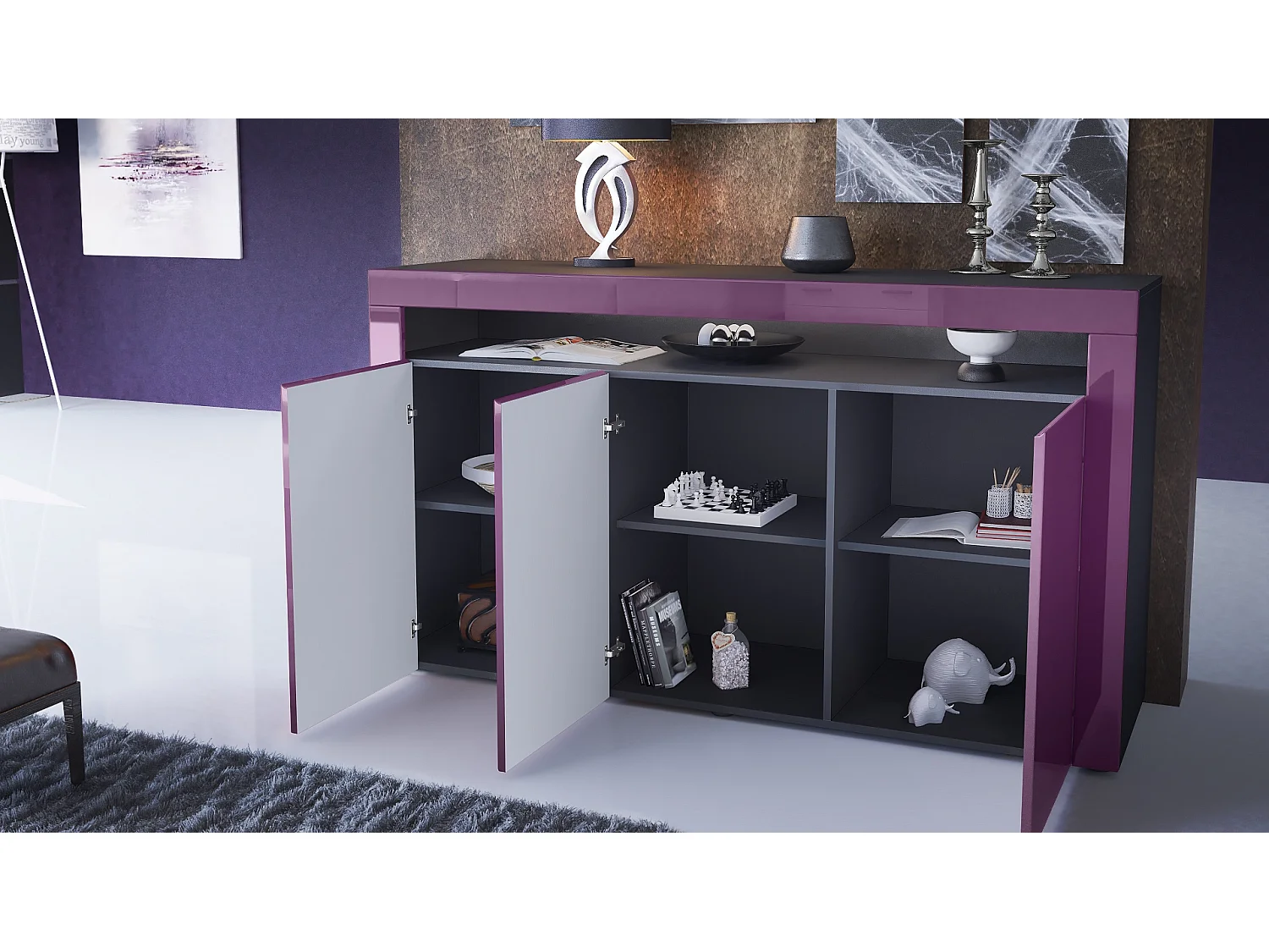 Buffet Valencia, Commode avec 3 portes et 1 compartiment ouvert, Noir mat/gris haute brillance/gris haute brillance (155 x 92 x 40 cm)