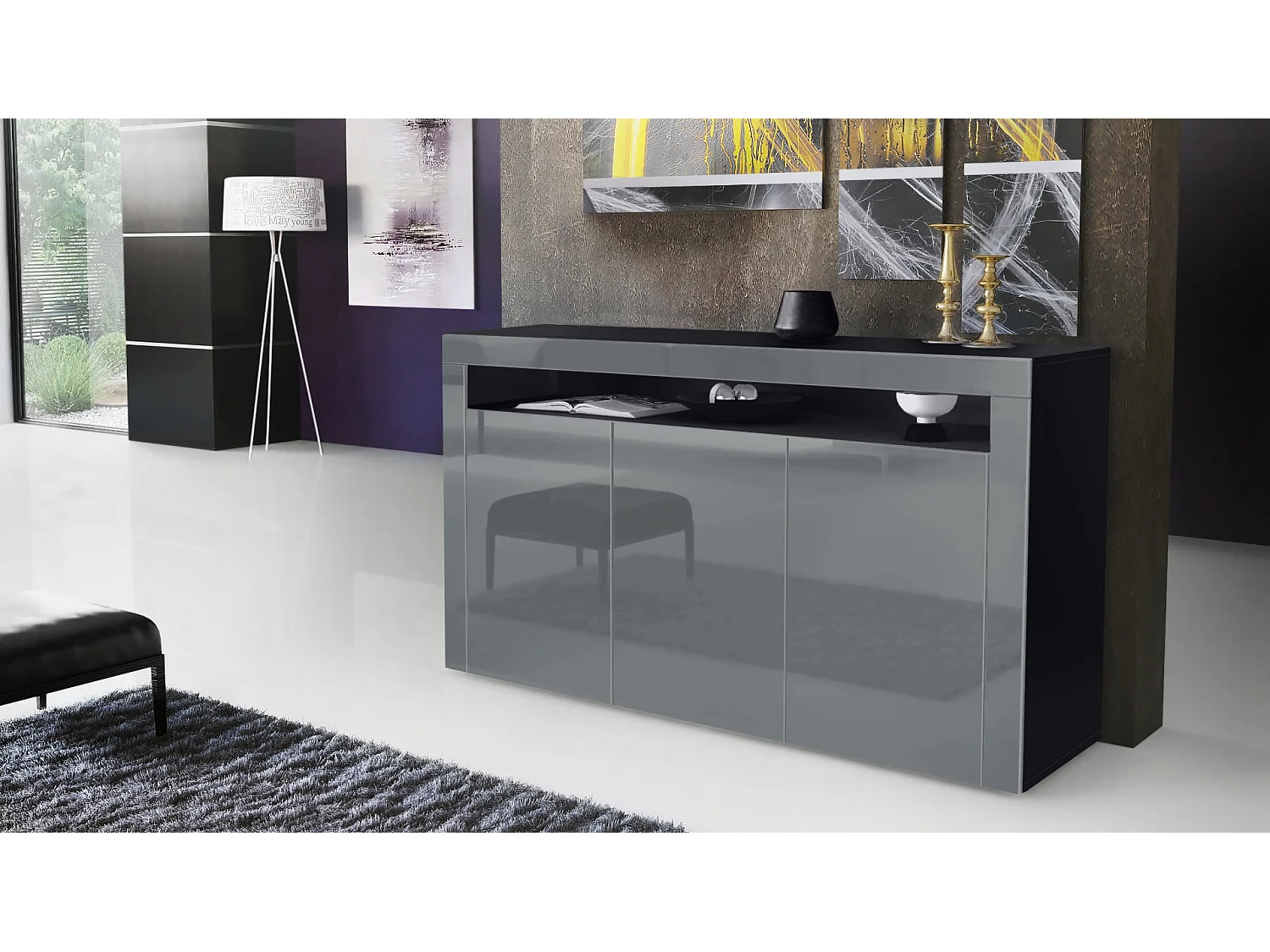 Vladon Cajonera Valencia, Cómoda con 3 Puertas y 1 Compartimento abierto, Negro mate/gris de alto brillo/gris de alto brillo (155 x 92 x 40 cm)